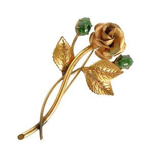 1940s Winard 12K GF Rose Flower Green Glass Stones Brooch Gold Tone 2.5in